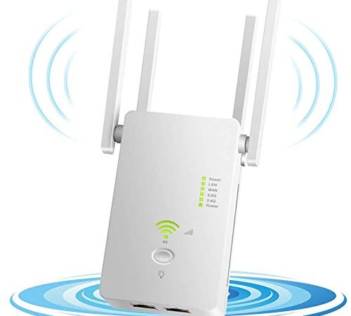 1200Mbps Repetidor WiFi ,Amplificador Señal WiFi Banda Dual 2.4GHz y5GHz Extensor de Red WiFi Enrutador Inalámbrico Punto Apoyo con Ap/Repeater/Router Modos, 2 Puerto LAN/WAN, WPS,4 Antenas