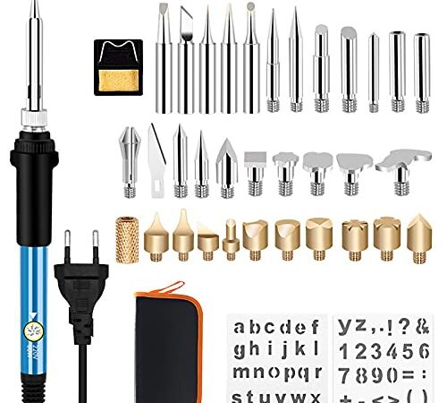 37pcs Kit Pirograbador de Madera, kit de soldadura WesKimed 60W, Temperatura Regulable(250-400℃), corcho/cuero/herramientas eléctricas/grabado/quema/gofrado,Estuche de transporte