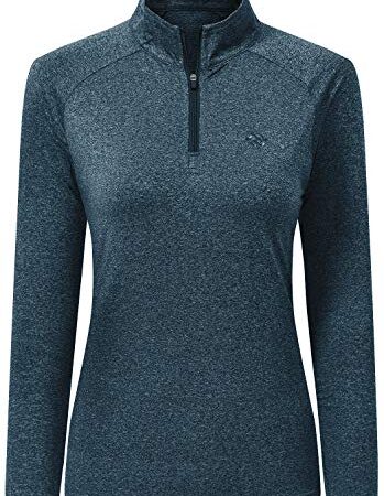 AjezMax Camiseta Deporte Mujer de Manga Larga Camisetas Corriendo Invierno Secado Rápido Sudadera de 1/4 Zip con Agujeros para los Pulgares Azul Marino X-Small