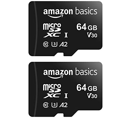 Amazon Basics - MicroSDXC, 64 GB, con Adaptador SD, A2, U3, velocidad de lectura hasta 100 MB/s, 2 unidades