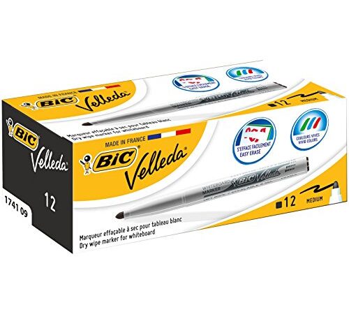 BIC Velleda 1741 Rotuladores de Pizarra Punta Media Para Pizarra Blanca, Óptimo para la Escuela y la Oficina, Color Negro, Caja de 12 Unidades