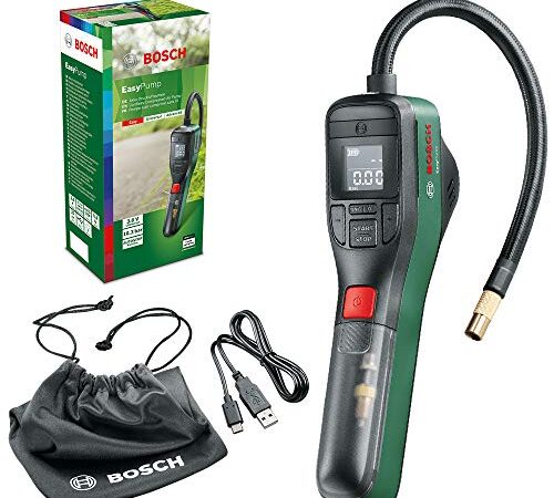 Bosch Home and Garden compresor de aire a batería EasyPump (batería de 3.0 Ah, 3.6 voltios, función de parada automática, 150 psi, 10.3 bar, LED, recargable mediante cable USB-C) Negro, Talla única