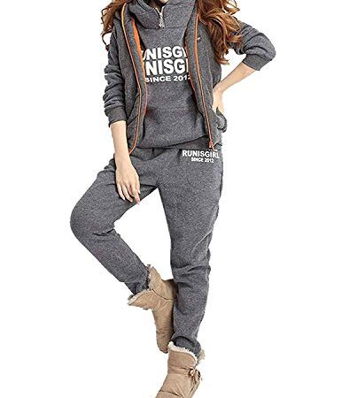 BUOYDM 3piezas Chándales para Mujer Conjuntos Deportivos Hoodie Sweatshirt con Capucha + Chaleco Chaqueta + Pantalones para Otoño e Invierno, Gris XL