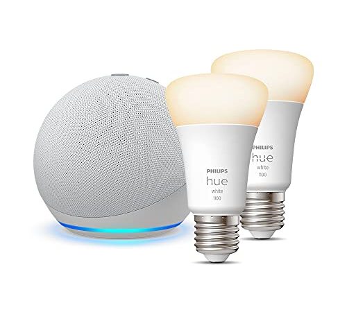 Echo Dot (4.ª generación), Blanco + Philips Hue White Bombilla Inteligente (E27), Pack de 2, compatible con Alexa - Kit de inicio de Hogar digital