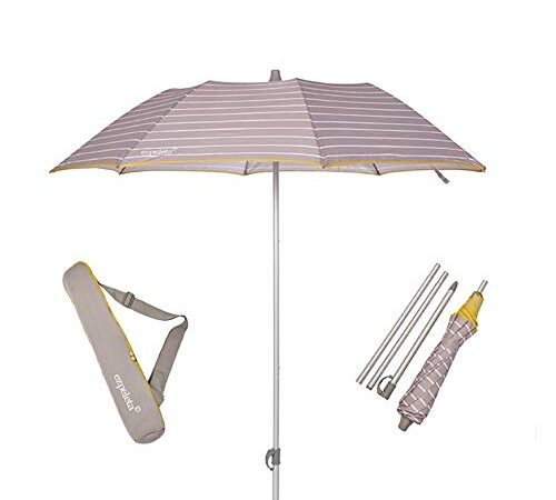 EZPELETA Sombrilla terraza. Parasol/Sombrilla de playa.Paraguas sol ligero y plegable de aluminio. Diámetro 155cm. Protección solar UPF 50+. Estampado rayas/marinero. Incluye funda/bolsa. - Rayas-Gris