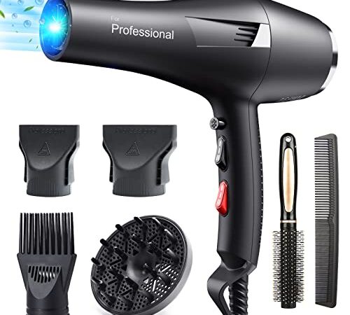 Happygoo Secador Pelo Profesional Iónico 2400W Secadores de Pelo Motor AC 3 Temperaturas 2 Velocidades, Botón Aire Frío, 2 Concentradores y 1 Difusor 2,5 Metros de Cable, Rápido Secado Cabello