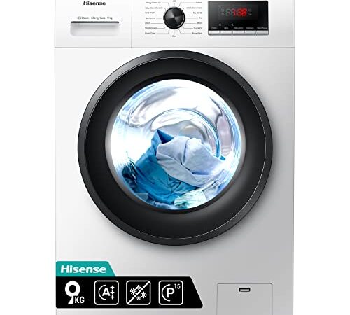 Hisense WFPV9014EM - Lavadora con Vapor, Carga Frontal 9 Kg, 1400 rpm, 16 Programas, Control de balanceo inteligente del tambor, Display LED, Programa rápido, Bloqueo Infantil