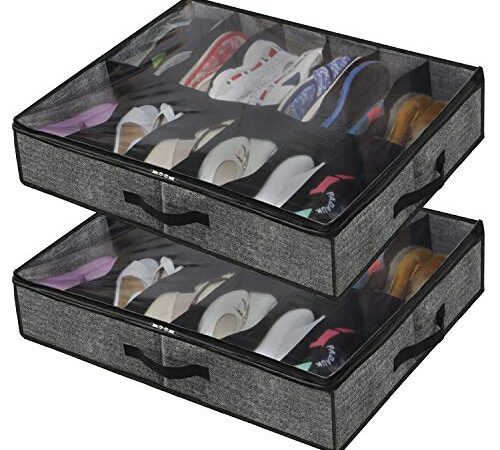 homyfort Juego de 2 Organizador de Zapatos Debajo de la Cama - Titular de la Zapata Bolsas organizadoras de Zapatos con Tapa Transparente 12 Pares x 2 Caja Plegable de Almacenaje, Negro Lino, XAUBSB2P