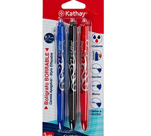 Kathay 86200199. Pack de 3 Bolígrafos Borrables, Negro, Azul y Rojo, Gel, Punta 0,7mm, Apertura Clic