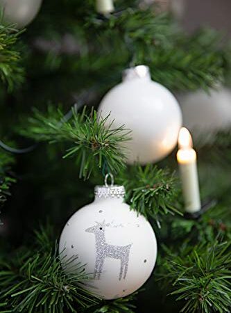 KREBS & SOHN 1007224 - Juego de 12 Bolas de Navidad de Cristal, decoración navideña, 7,5 cm, Color Blanco, Plateado y Purpurina