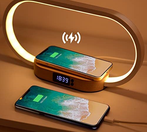 Lámpara de Mesita de Noche, Lámpara Cargador Inalámbrico 10W y USB Lámpara de Mesa Táctil Regulable con 3 Niveles de Brillo Luz Mesita de Noche Moderna Lámpara led Escritorio con Reloj para Dormitorio