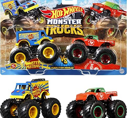 Mattel - Hot Wheels Monster Truck Duos FYJ64 de Demolición, modelos aleatorios, paquete de 2, modelos surtidos