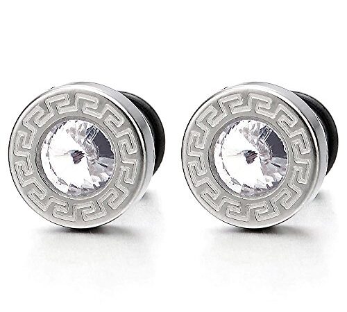 Modelo Dominante Griego Pendientes de Hombre, Aretes, Acero Inoxidable, con 5.5MM Circonita, Cierre Tornillo, 2 piezas