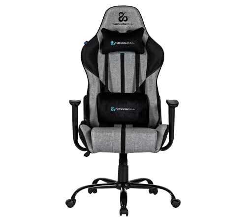 Newskill Silla Gaming Tela Horus Zephyr, Reclinable 180º, Altura Ajustable, Ergonómica, Reposabrazos Fijos, Cojín Lumbar y Cervical Extraíbles, Ergonómica, Pistón Clase 4, Silla Gamer Gris