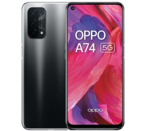 OPPO A74 5G - 6 GB RAM y 128 GB+almacenamiento extensible SIM Free Smartphone (pantalla de 6,5 pies, batería de 5000 mAh, cámara cuádruple de 48 MP, velocidad de actualización de 90 Hz) - negro fluido