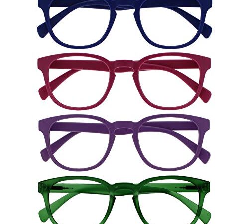 Opulize Pop Pack 4 Retro Redondo Azul Rosa Púrpura Verde Hombres Mujeres Gafas De Lectura Bisagras Resorte RRRR2-3456 +1,50