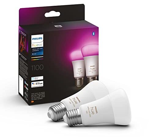 Philips Hue - Bombilla LED Inteligente, A60 E27, Luz Blanca y de Colores, 75W, 1100 Lúmenes, Compatible con Alexa y Google Home - Pack de 2 Bombillas LED Inteligentes