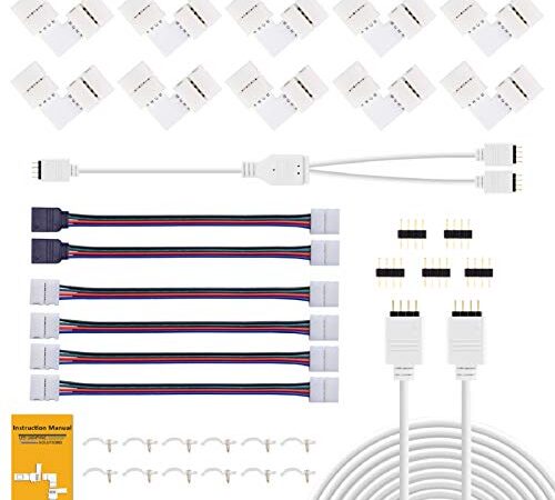 REDTRON Conector de tira LED,Conector LED RGB de 10mm que incluye 10x conectores en forma de L, Cable divisor de 2 vías, 4x puentes conectores de tiras[Clase de eficiencia energética A]