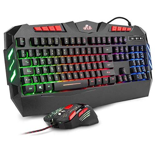 Rii RK900+ Teclado Gaming con sensibilidad mecánica Completo,Combo de Teclado y ratón con Cable,Diseño Gaming Multicolor retroiluminado,Especial para Gamers