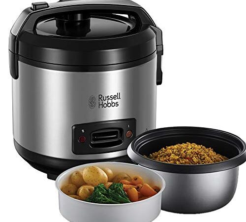 Russell Hobbs Arrocera y Vaporera - 8 Raciones, Bandeja para Cocinar al Vapor, Función Mantener el Calor, Recipiente Antiadherente, Vaso y Cuchara Medidora, Tapa de Bloqueo, 500 W - 27080-56