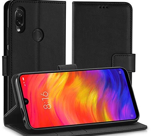 Simpeak Funda Compatible con Xiaomi Redmi Note 7 Funda Cuero Negro, Funda Libro Compatible con Redmi Note 7 Soporte Plegable/Ranuras Tarjetas y Billetes/Acceso a Botones-Negro