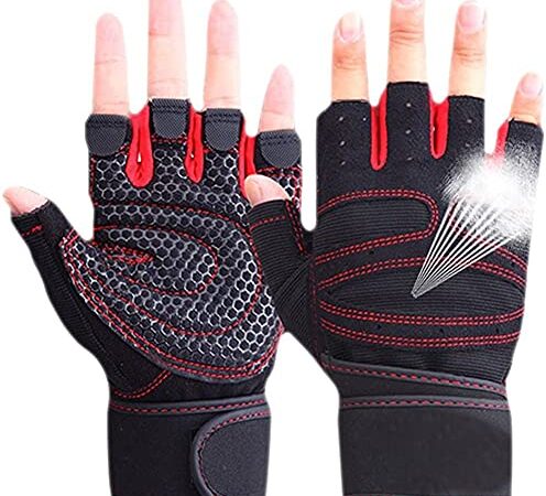 SKILEC Guantes Gimnasio Hombre y Mujer - Guantes Gym para Levantamiento de Pesas, Crossfit, Barra Dominadas, Guantes Ciclismo Guantes Fitness Muñequera Transpirable Antideslizante (M, Rojo)