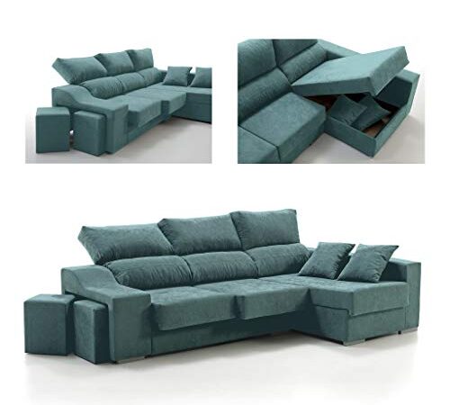 Sofá Chaise Longue 4 Plazas Turquesa KVASIR Derecha Tanuk 260x150 Asientos Extensibles Arcón 2 Puffs Desenfundable Sistema de Limpieza ACUALINE (Envío y Subida a Domicilio Incluidos)