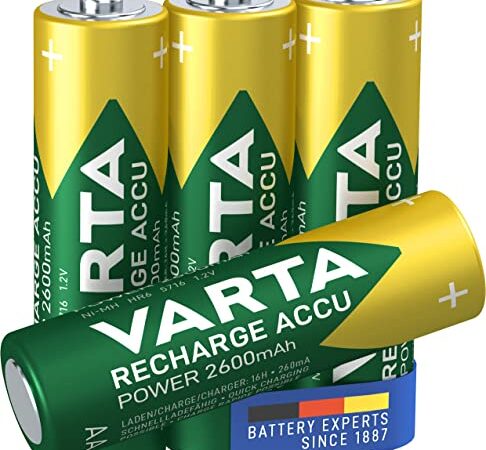 Varta ACCU Pack de 4 Pilas AA Recargables (NiMH, 2600 mAh, Precargadas), Oro/ Verde