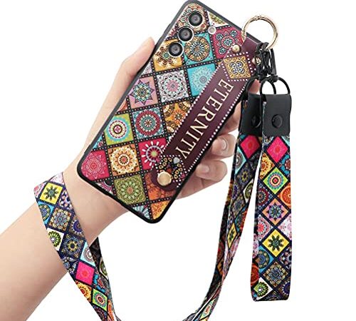 Yoedge Wristband Funda para Samsung Galaxy A50/A30S/A50s 6,4" Carcasa con Collar, Suave Correa de Muñeca Soporte Contraportada TPU Silicona Blanda Moda Patrón Antigolpes Protector Funda, Enrejado 1