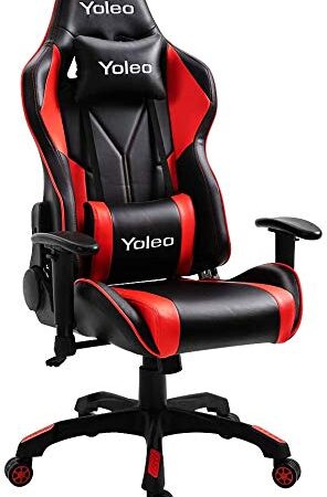 YOLEO Silla Gaming Profesional, Silla Ajustable Giratoria para Juegos, Poilipiel, Ergonómica, Carga Máxima de 150 kg, Negro-Rojo