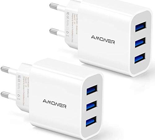 Amoner Cargador USB de Pared con 3 Puertos Cargador USB 3A Una Corriente Máxima de 2,4A Cargador Móvil para Todos Los Tipos de Celular 2 Packs