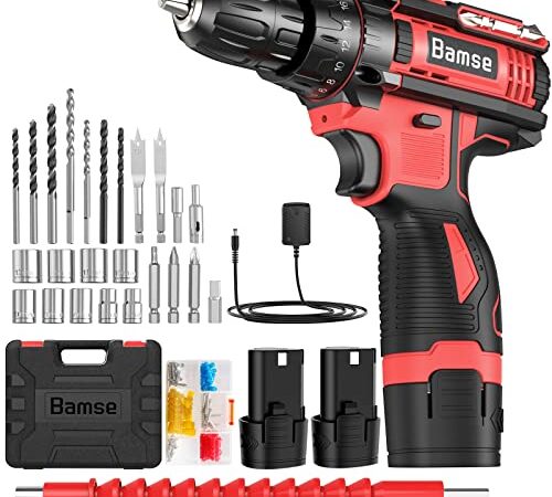 Bamse Taladro Atornillador 12V, Destornillador Electrico con 2 Baterías, 2 Velocidad, 18+1 Ajuste de Par, 30 Nm Par Máx Taladro Inalámbrico, Atornillador Electrico Para Hogar, Bricolaje