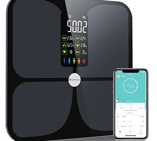 Báscula de Baño,Lepulse Bascula Precision Peso Digital Grasa Corporal Inteligente,Bascula Grasa Corporal y Muscular Con Pantalla Grande, Bascula Bioimpedancia Con 15 Mediciónes,Compatible Andriod/IOS