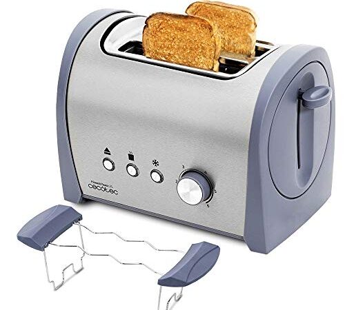 Cecotec Tostadora Acero Steel&Toast 2S. 6 Niveles de Potencia, Capacidad para 2 Tostadas, 3 Funciones(Tostar, Recalentar, Descongelar), Incluye Soporte Panecillos, Bandeja Recogemigas, 800 W