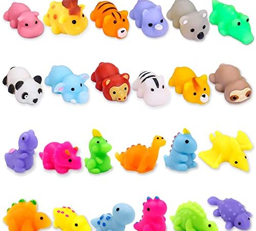 Chennyfun 24 Piezas de Lindo Animal Mochi Squeeze Toy Dinosaurio, Kawaii Squishys Lindos Juguete de Alivio de Estrés, Juguete Pegajoso de Silicona Animales para Niños y Adultos para Cumpleaños Favores