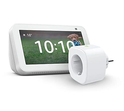 Echo Show 5 (2.ª generación, modelo de 2021), Blanco + Meross Smart Plug (enchufe inteligente WiFi), compatible con Alexa - Kit de inicio de Hogar digital