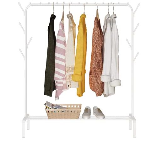 Edihome, Burro Ropa, Perchero Colgador de Ropa, Vestidor, 118X148X39 cm, Resistente, Metálico, con Soporte para Zapatos, para colgar Ropa, Perchas, Camisas, Pantalones, Chaquetas finas(Blanco)