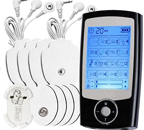 Electroestimulador digital,para aliviar el dolor muscular y el fortalecimiento muscular, masaje, EMS, TENS, pantalla LCD azul,8 electrodos autoadhesivos, 16 Programas de masaje