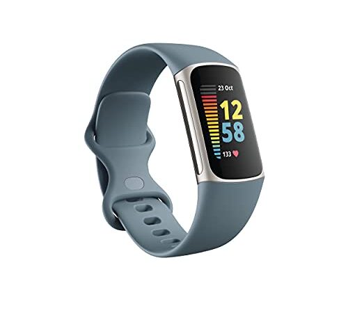 Fitbit Charge 5 Pulsera Avanzada Actividad con 6 Meses de Servicio Premium Incluidos, Hasta 7 Días de Batería, Función ECG y Nivel de Recuperación Diario, Color Azul Acero, Talla única