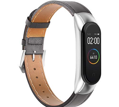 GeeRic Correa de Cuero Compatible para Xiaomi Mi Band 4, Corchete de Metal Reemplazo de la Mujeres y Hombres Banda Compatible para Xiaomi Mi Band 4 Gris + Marco de Plata