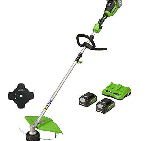 Greenworks Cortabordes Eléctrico y Desbrozadora 48V(2×24V) 40cm con 2 Baterías 4Ah y Cargador Doble, Empuñadura Auxiliar Ajustable Varilla de 2 piezas GD24X2TXK4x