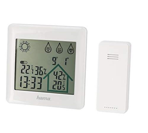 Hama| Estación meteorológica interior y exterior con Reloj digital (Weather station con funión reloj y fecha, medición temperatura y humedad y con pronóstico del tiempo) Blanco