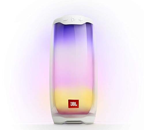 JBL Pulse 4 - Altavoz inalámbrico Bluetooth con efectos de luces y sonido a 360 grados, resistente al agua (IPX7), hasta 12 horas de reproducción, blanco