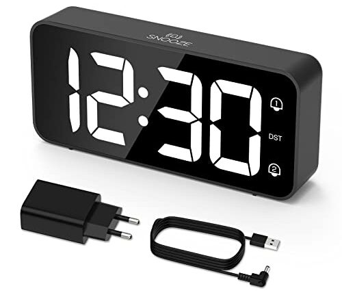 LATEC Despertador Digital LED con Doble Alarma y 8 Tonos Reloj Despertador Digital con Volumen y Brillo Ajustables Reloj Digital Sobremesa con Snooze 12/24 Horas Alimentación por Cable USB