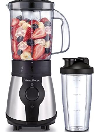 Moulinex Blend&Go LM1B1D - Batidora de vaso de 300 W, batidora smoothie con jarra de plástico de 750 ml, incluye botella portátil de 750 ml, 4 cuchillas extraíbles, acabados en acero inoxidable