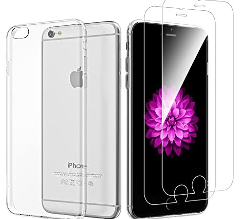 NEW'C Funda para iPhone 6, iPhone 6s (4.7") Gel de TPU Suave de Silicona Transparente Alta y 2X Protector de Pantalla para iPhone 6, iPhone 6s (4.7") Vidrio Templado - Antiarañazos