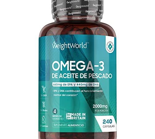 Omega 3 Cápsulas de Alta Dosis 2000mg, Aceite de Pescado Puro 240 Cápsulas - 660 mg de EPA + 440 mg DHA, 4 Meses de Suministro de Perlas de Omega 3, Ácidos Grasos Omega 3 EPA y DHA de Alta Absorción