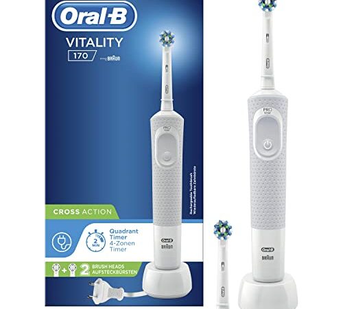 Oral-B Vitality 170 Cepillo de Dientes Eléctrico con Mango Recargable, Tecnología Braun y 2 Cabezales de Recambio - Blanco