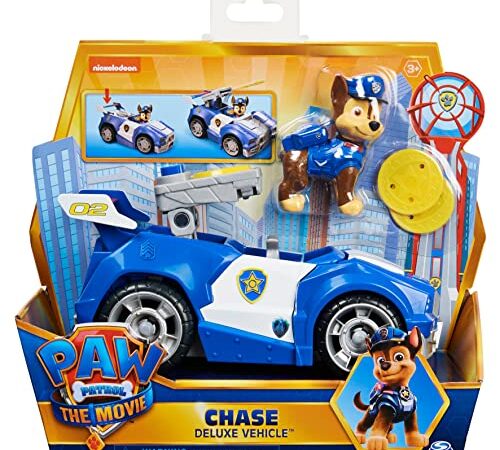 PATRULLA CANINA - COCHE CHASE PATRULLA CANINA LA PELÍCULA - Coche Policía Transformable Deluxe de la Película Patrulla Canina de Chase, 1 figura y 2 proyectiles - 6060434 - Juguetes Niños 3 Años +