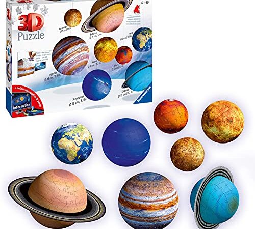 Ravensburger - Puzzle 3D, Sistema Planetario, Edad Recomendada 6+, 522 piezas numeradas, 18 accesorios, 1 póster de dos páginas, 1 manual de instrucciones